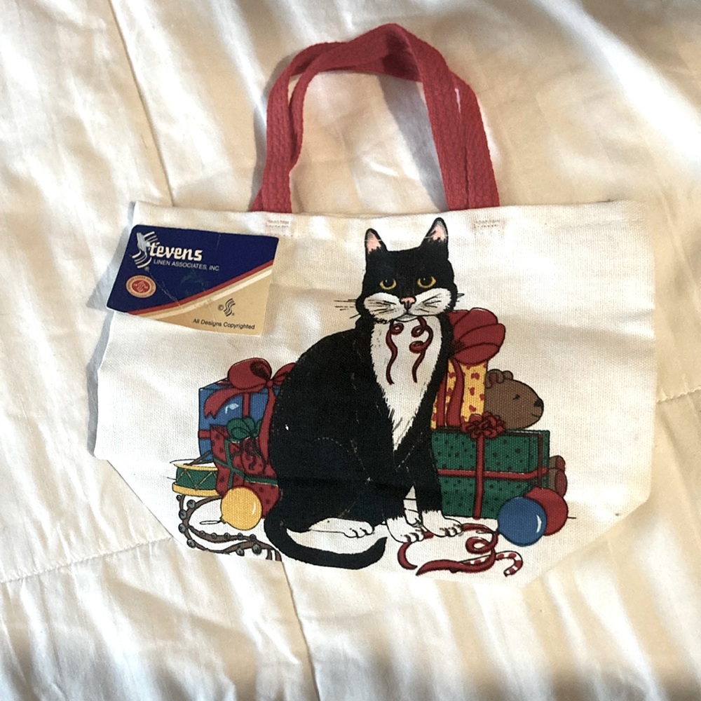 Vintage linen Christmas Cat bag NWT